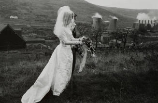 A couple in formal wedding attire stand in a field adjacent to a coal plant