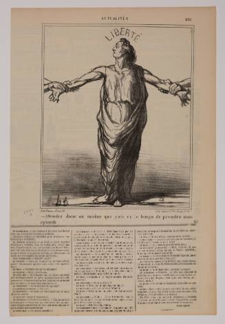 Caricature of a startled woman in a white classical dress pulled left and right by disembodied hands
