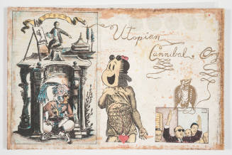 Montage of various cultural figures and themes, including an artist, Aztec figure, and cartoon girl