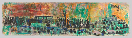 Abstract figures in black and blue tones and car in procession with red-orange sky in background