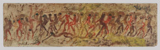 Many red and brown-toned abstract figures with hands and arms touching, as if dancing