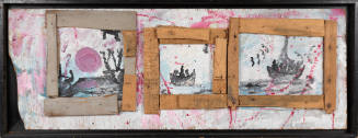 Three separate paintings - one of red sun, two of people in boats - framed with wood shims