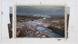 Collaged aerial landscape with a city and a river at twilight