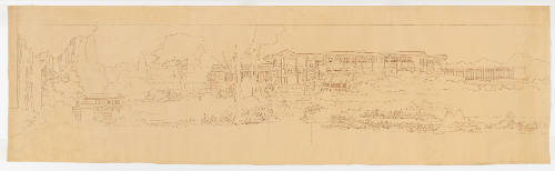 Horizontally oriented, intricate line drawing of elevations of a home including surrounding nature