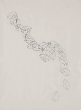 Chain of oval-like forms in pencil trailing from top left to bottom right on white background