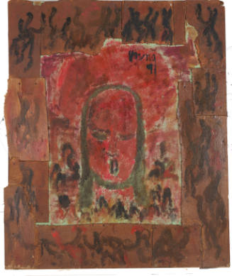 A loose, schematic painting of a face in red and brown with a border of abstract human figures