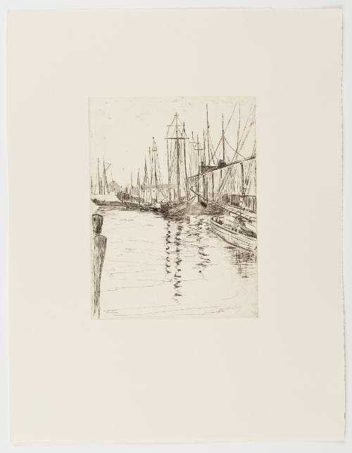 Etching of docked boats, buildings visible in background, and pier railing in foreground at left