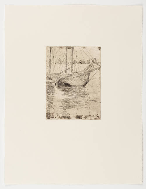 Etching of docked boats and their reflections rippling in the water
