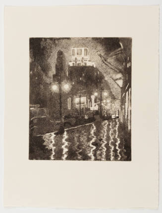 Etching of rainy street scene with cars lined along curb of a sidewalk with streetlight reflections