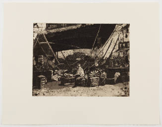 Print of person in front of a wagon surrounded by various fruits on tables and in boxes