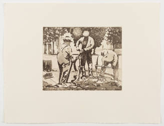 Print of people standing on road with a pickaxe and jackhammer with trees in the background
