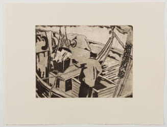 Print of person standing in front of boat filled with nets, ropes, and bucket of fish