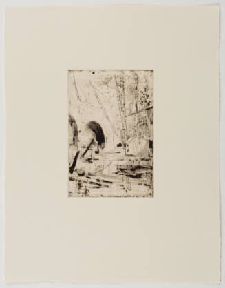 Blotchy print of water scene with cranes in front of and behind a bridge with arches