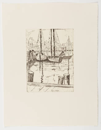 Black-and-white image of harbor scene near a town with dock and three sailboats