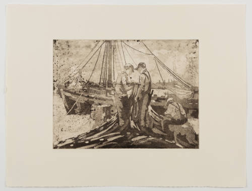 Black-and-white image of harbor scene with sailboat and three adults on dock inspecting fishing nets