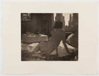 Black-and-white image of room with female nude and table with tea service and window to city skyline