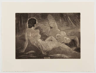 Black-and-white image of two nude dark-haired female figures seated and lying on back