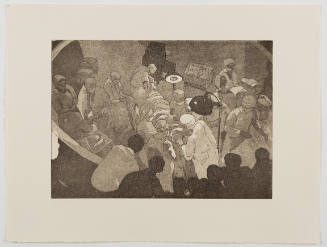 Black-and-white image of an operating room with eleven people and group observing from gallery above