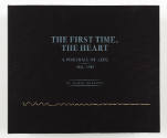 Black portfolio box with turquoise text reading “THE FIRST TIME, THE HEART…” and white wavy line