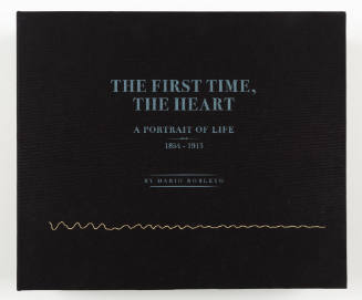 Black portfolio box with turquoise text reading “THE FIRST TIME, THE HEART…” and white wavy line