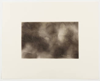 Two thin wavy white plotter lines span across a background comprised of smoke clouds and wisps