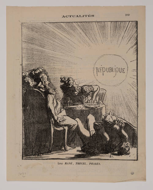 Caricature of a stunned group of people staring at a globe with the word “Republique” inscribed