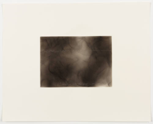 Single wavy white plotter line spans across a background of smoke clouds with handwritten text below