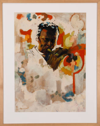 Bust-length portrait of a dark-skinned man playing the trumpet amidst colorful brushstrokes of paint