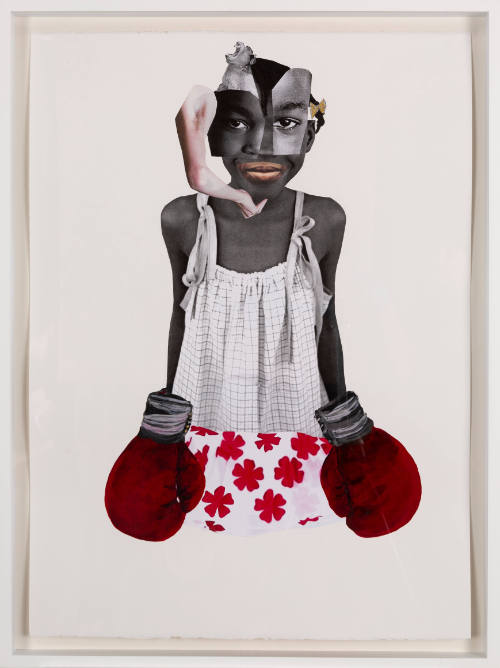 Collage of a young Black girl wearing boxing gloves and looking at the viewer