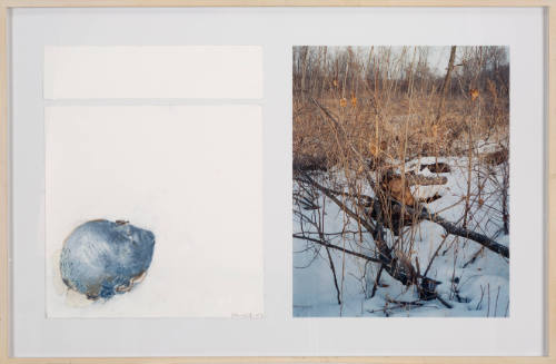 Diptych with pastel sketch of egg-shaped blue head next to a photo of a winter landscape with trees