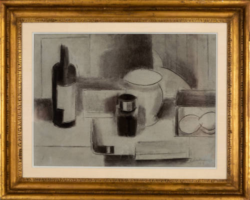 Black-and-white cubist still life with wine bottle, case, and other items on table
