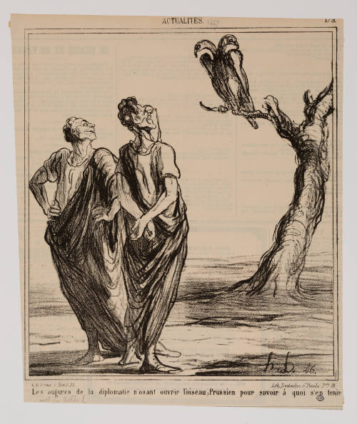 Caricature of two people in togas staring at a two-headed bird on a tree