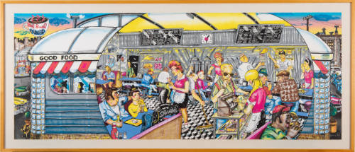 Colorful, horizontal print showing the exterior of a 50s diner with a view of the busy interior