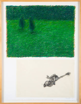 On top, a green landscape drawing with two trees; on bottom, a distorted human figure on blank page