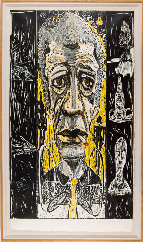 Vertical portrait of older man at center surrounded by artwork in the style of Giacometti