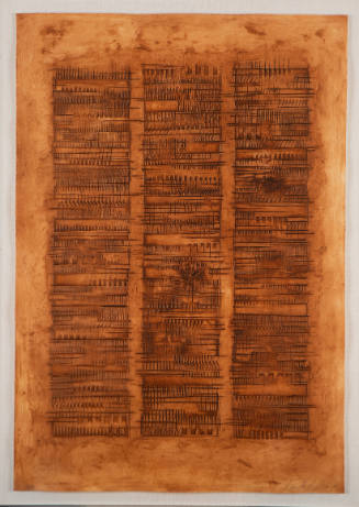 Rust-colored print with three columns formed by lines that appear to be etched on surface
