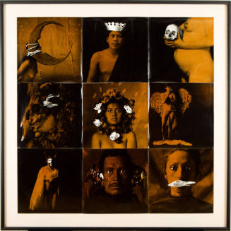Sepia-toned photograph with grid of portraits of individuals donning head garment, wings, and crown