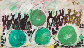 Painting of four large green eyes, two of them stacked, with small abstract figures above them