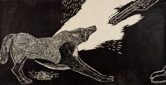 Black-and-white woodcut of wolf in sheep’s clothing confronted with a double barrelled gun