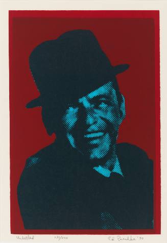 Screenprint portrait of Frank Sinatra in blue and black, smiling and wearing hat, over red backgroun