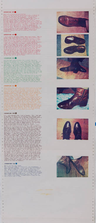 Rainbow-colored text with interview information on left and images of shoes on right