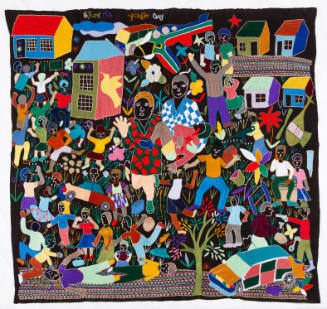 Bright embroidery of a crowded landscape with people, some fallen, and a car, plants, and buildings 
