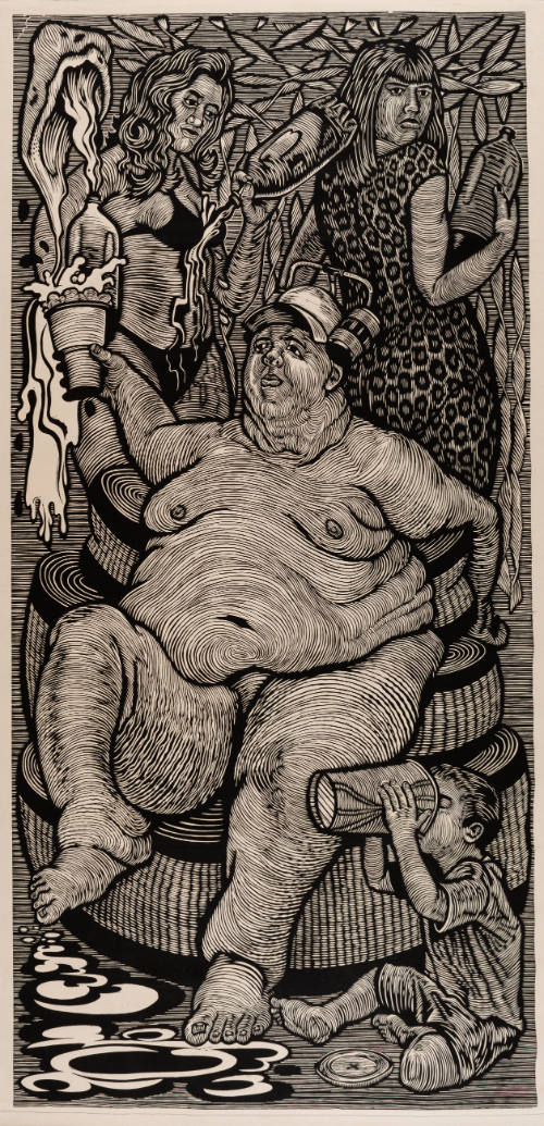 Large nude figure holding a cup with two women behind him and a child in front drinking from a cup