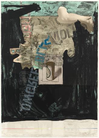 Black brushstrokes enveloping a print with stenciled names of colors and a beer can at center
