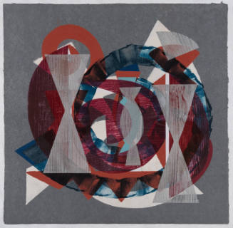 Woodcut geometric, spiraling shapes in light gray, white, blue, and red on dark gray background