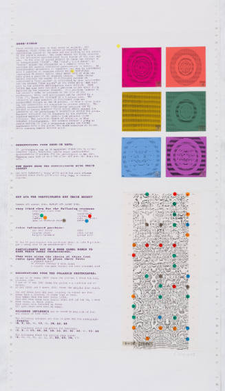 Four paneled print with lines of text and data on the left and colored squares in spatial patterns o