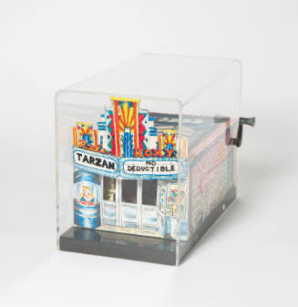 Three-dimensional color lithograph of a movie theater and a box office attendant in a plexiglas box