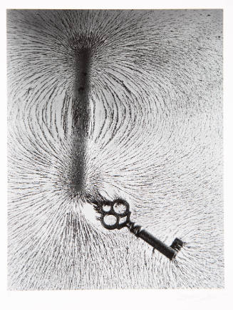 Black-and-white photograph of key at bottom and swirling pattern of magnetic shavings in background