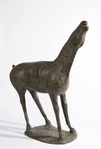 Thin-legged bronze horse leaning back with head pointed upward and an open mouth