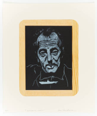 White sketch of older, balding man on a black background, surrounded by illusionistic wooden frame